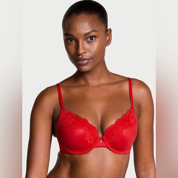 Victoria’s Secret Lace-Trim Push-Up Perfect Shape Bra in Lipstick Red, size 32A - Picture 1 of 8